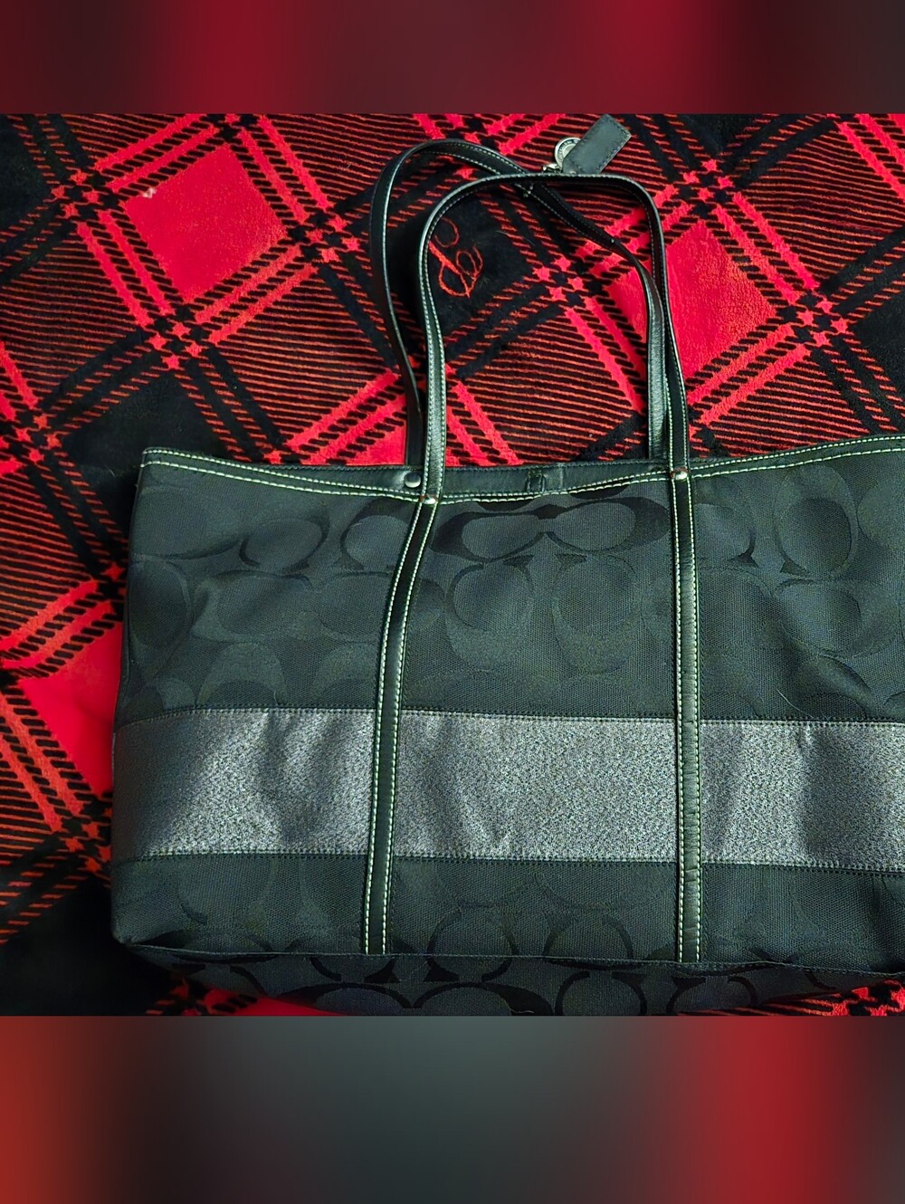 Coach Black Signature Stripe Tote with Metallic Accent